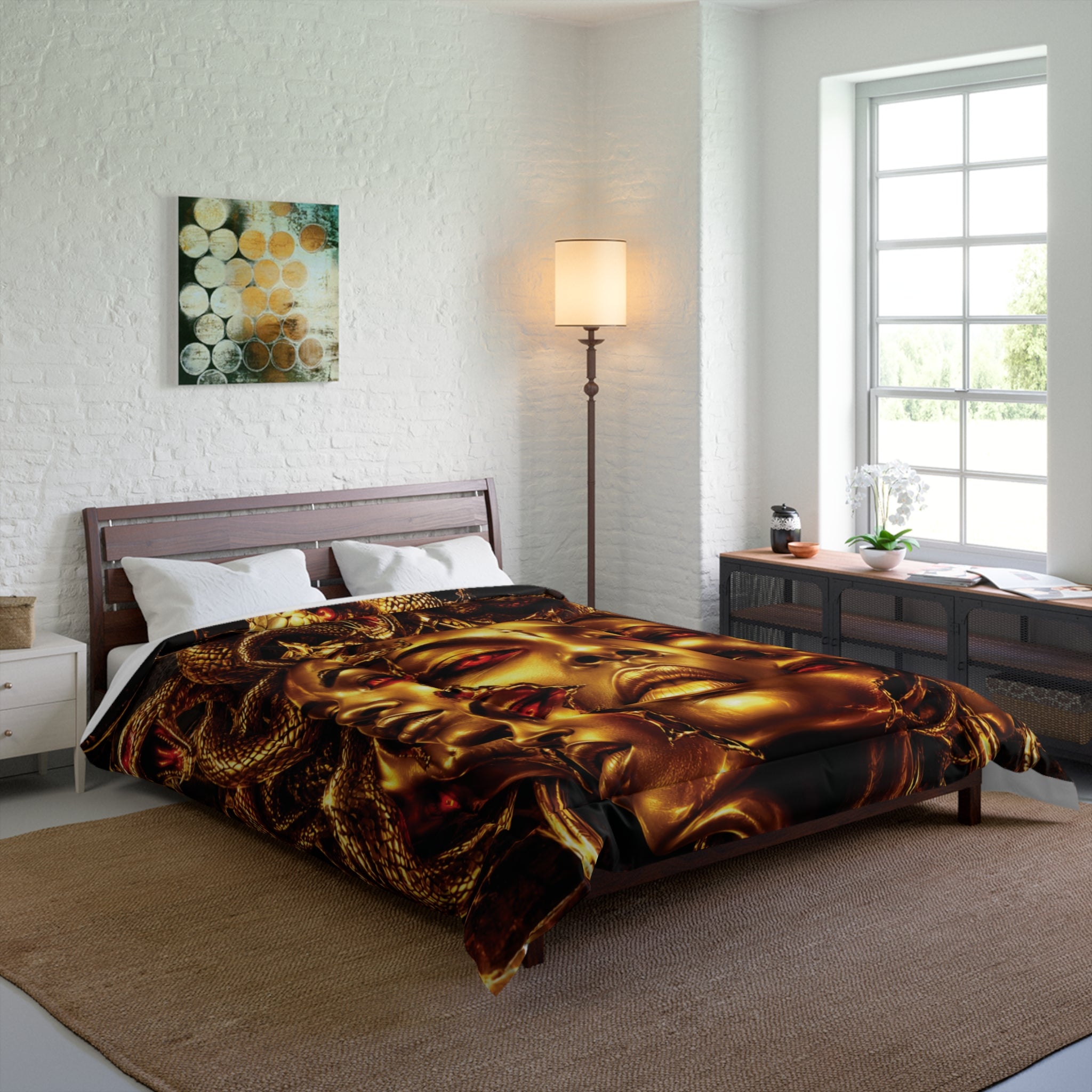 Medusa Goddess Comforter - Gold Serpent Mythic Bedding