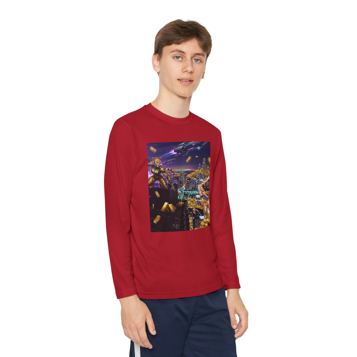 Youth Long Sleeve Tee – Colorful Night Cityscape Graphic Shirt