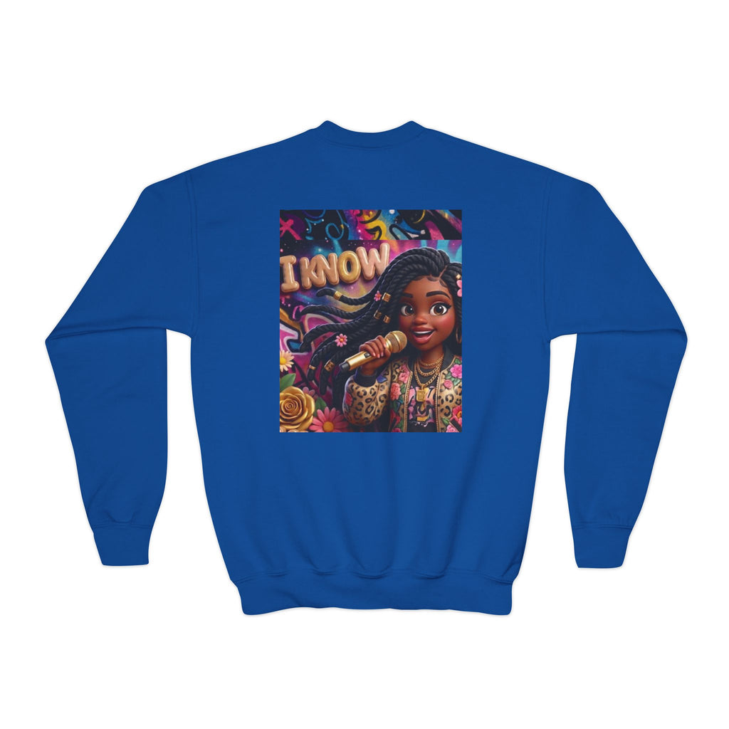 Youth Crewneck Sweatshirt – Colorful “I Know” Singer Character Design