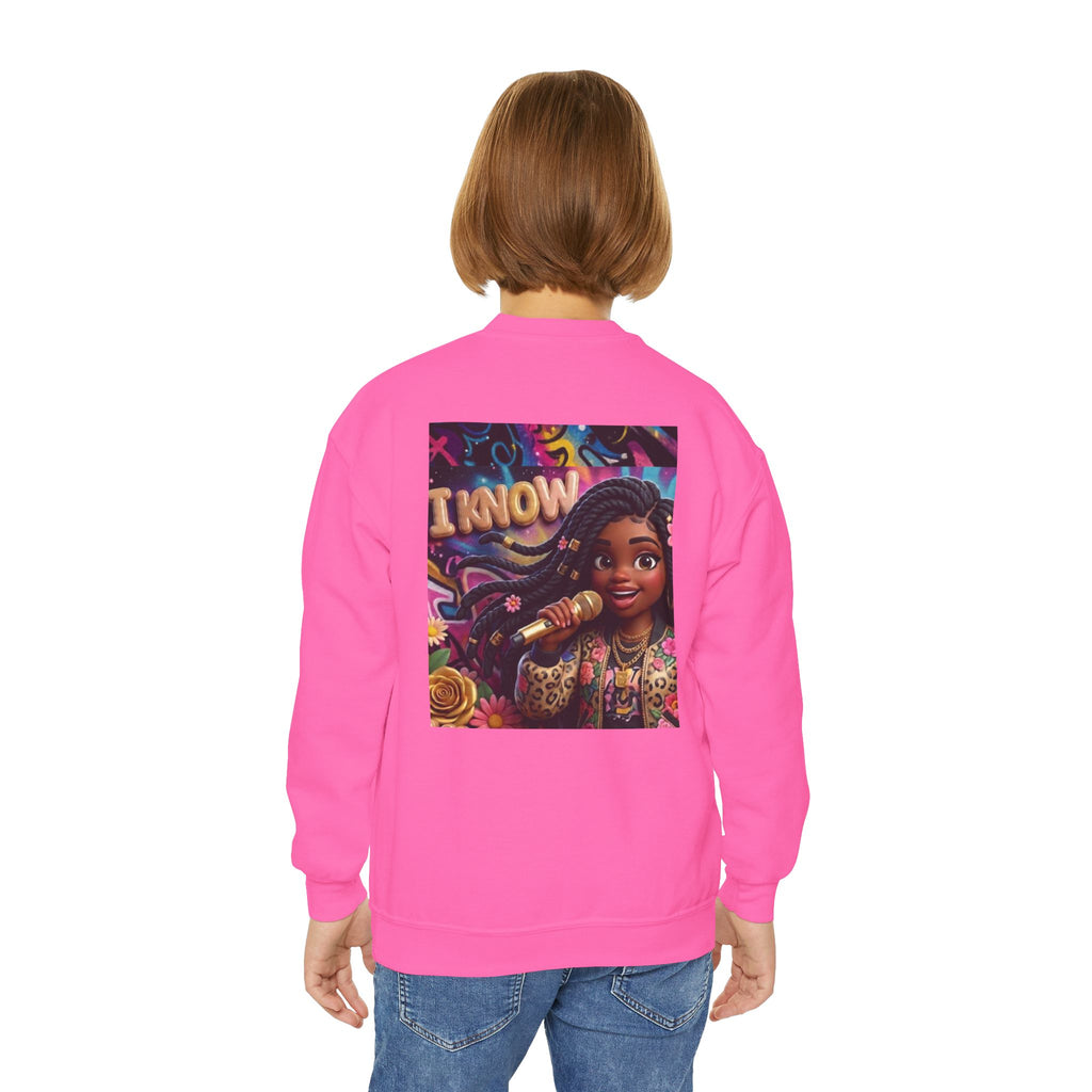 Youth Crewneck Sweatshirt – Colorful “I Know” Singer Character Design