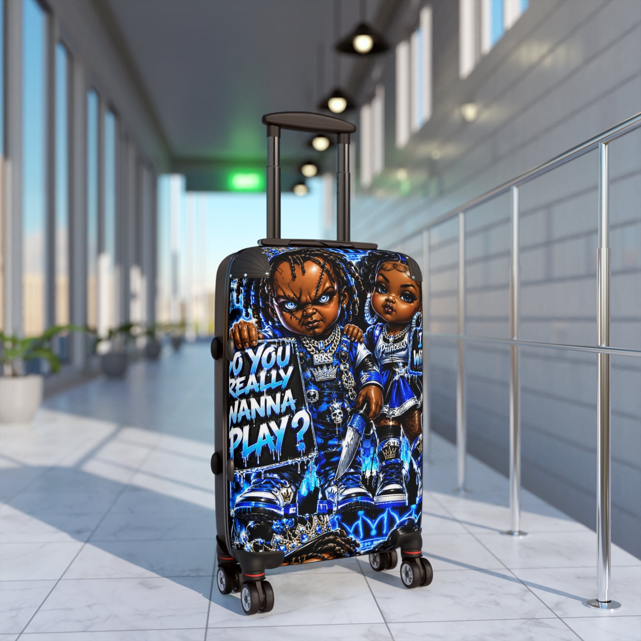 Urban Cartoon Suitcase – 'You Gotta Anna Play?' Blue Travel Luggage for Kids & Teens