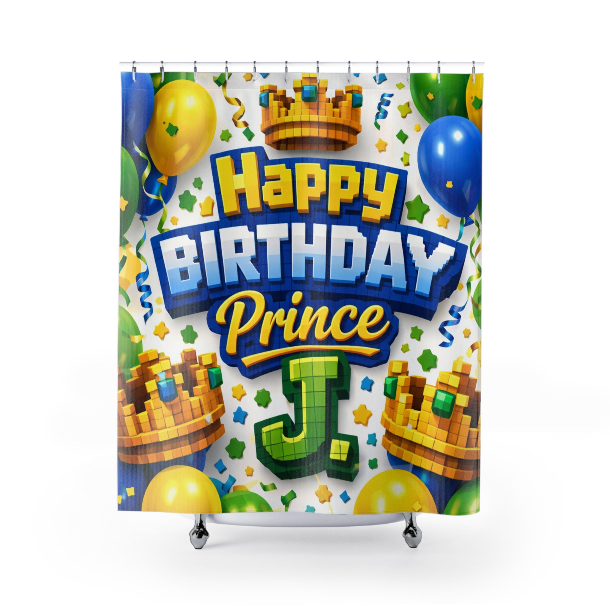 Happy Birthday Prince J Shower Curtain — Kids Party Bathroom Decor