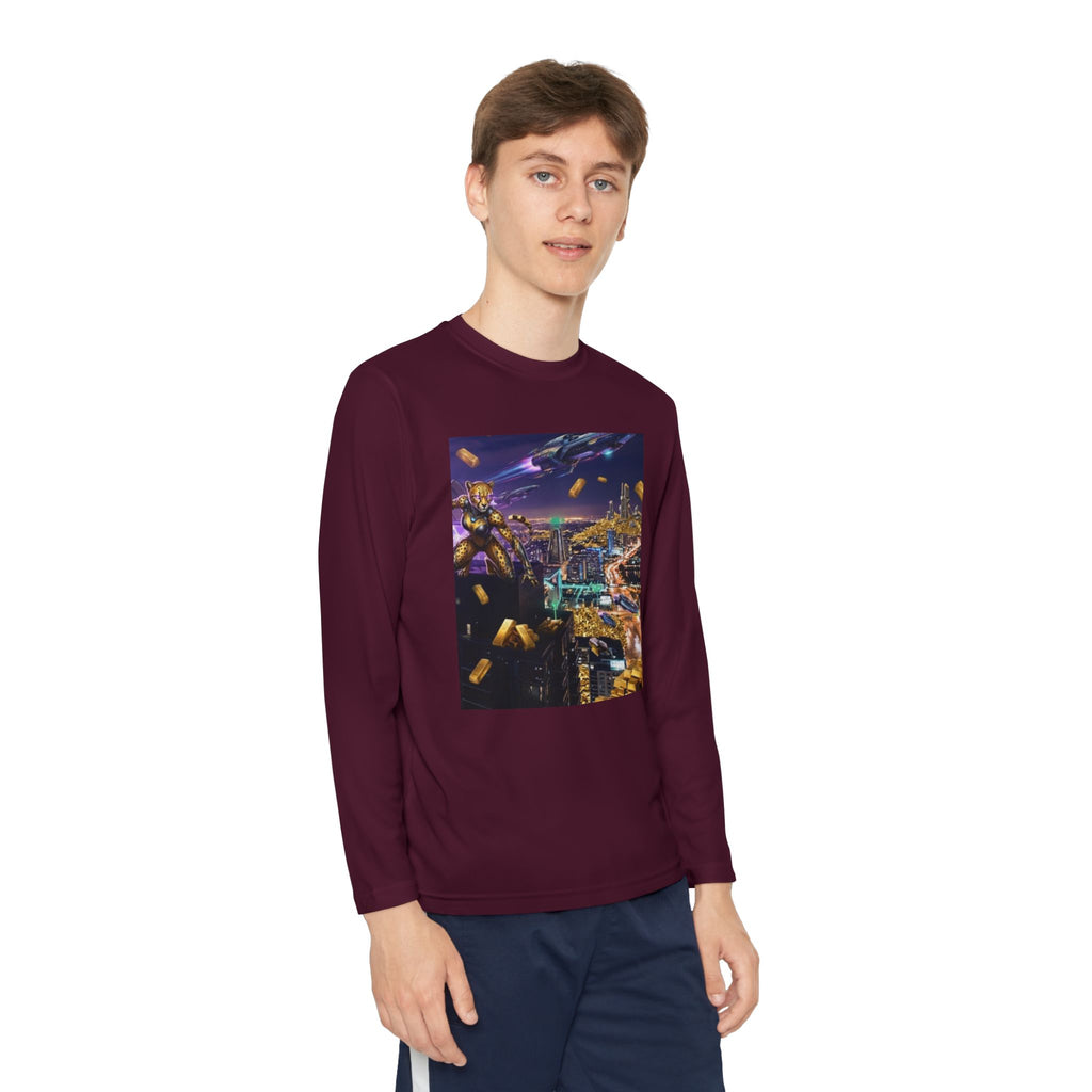Youth Long Sleeve Tee – Colorful Night Cityscape Graphic Shirt