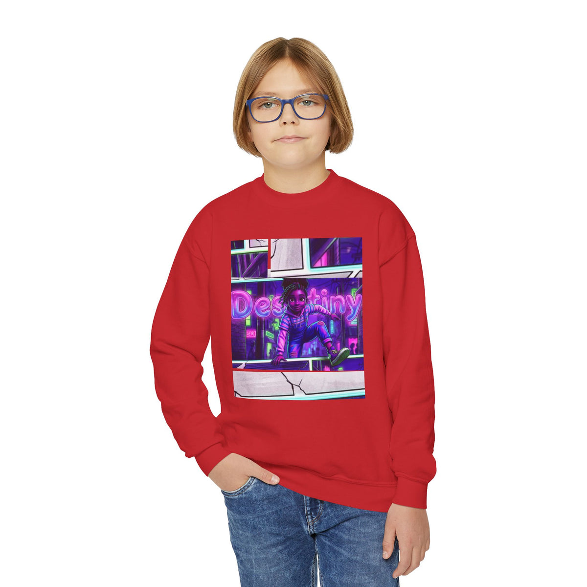 Youth “Destiny” Retro Neon Graphic Crewneck Sweatshirt