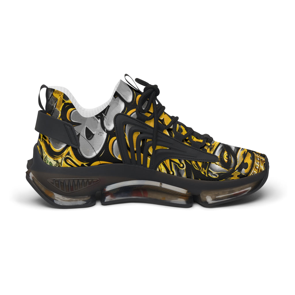 Women's Mesh Sneakers – Bold Black, Gold & White Graphic Athletic Shoes