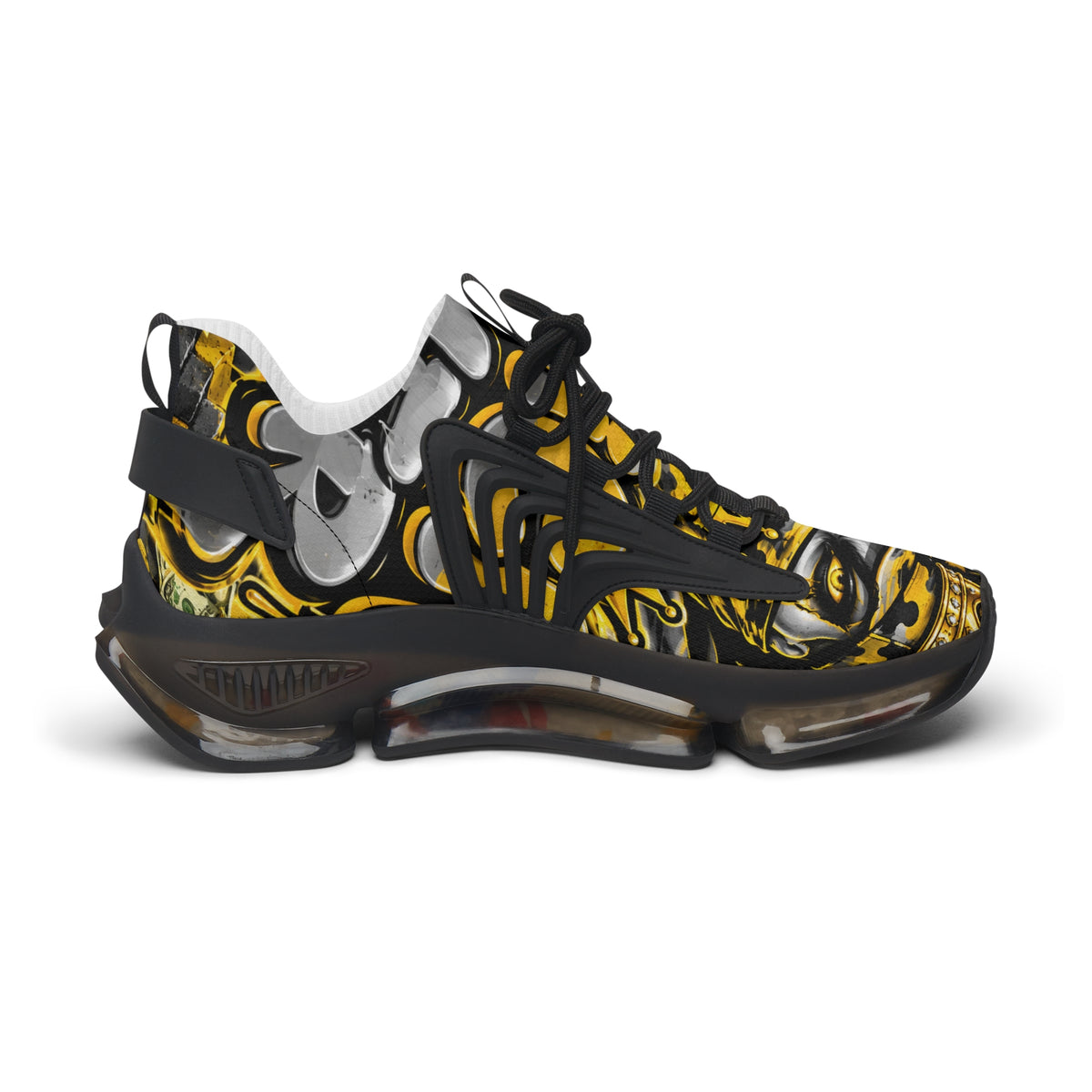 Women's Mesh Sneakers – Bold Black, Gold & White Graphic Athletic Shoes