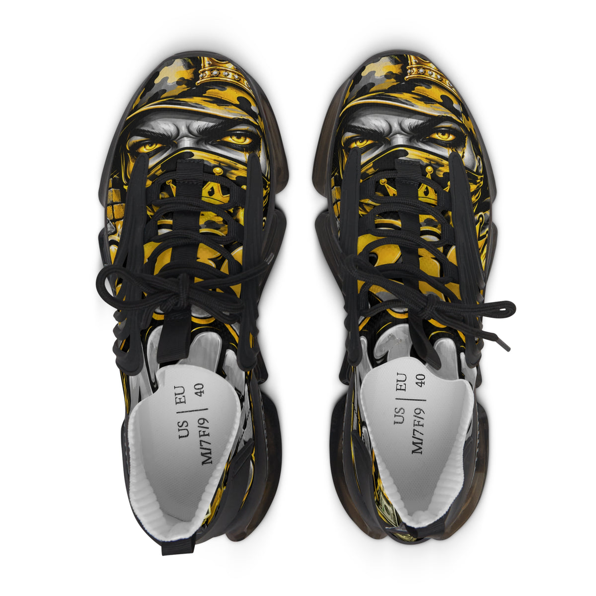 Women's Mesh Sneakers – Bold Black, Gold & White Graphic Athletic Shoes