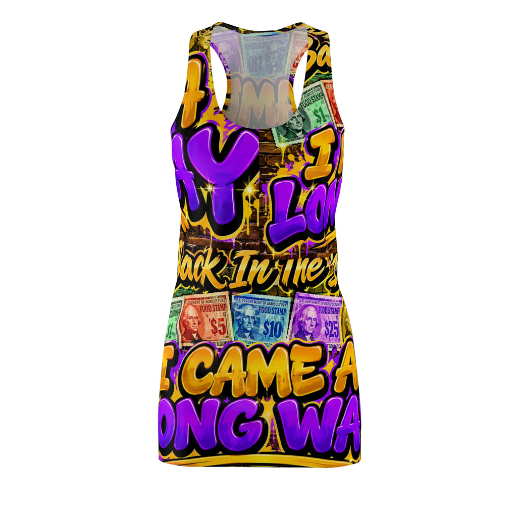 Bold Retro Money Graphic Racerback Dress — "Came a Long Way" Statement Print