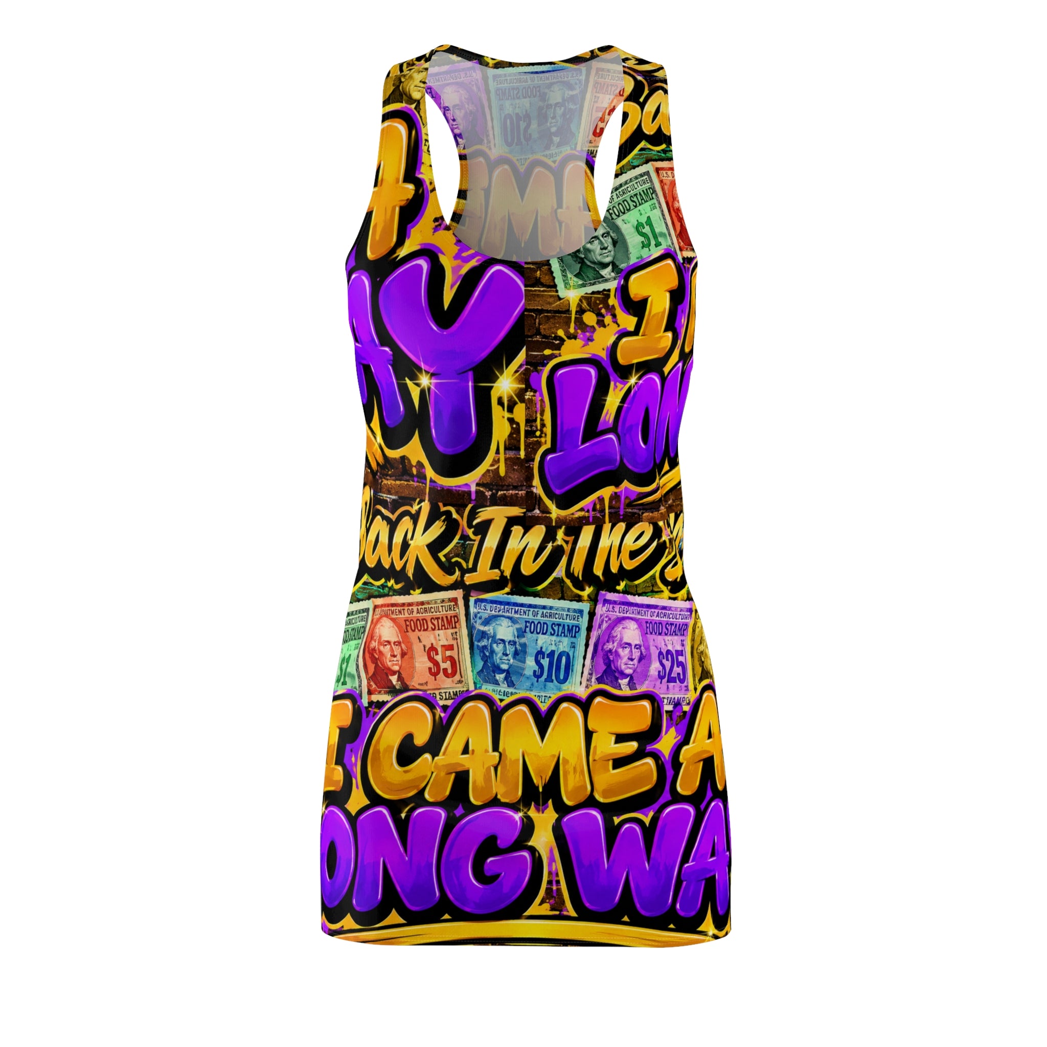Bold Retro Money Graphic Racerback Dress — "Came a Long Way" Statement Print