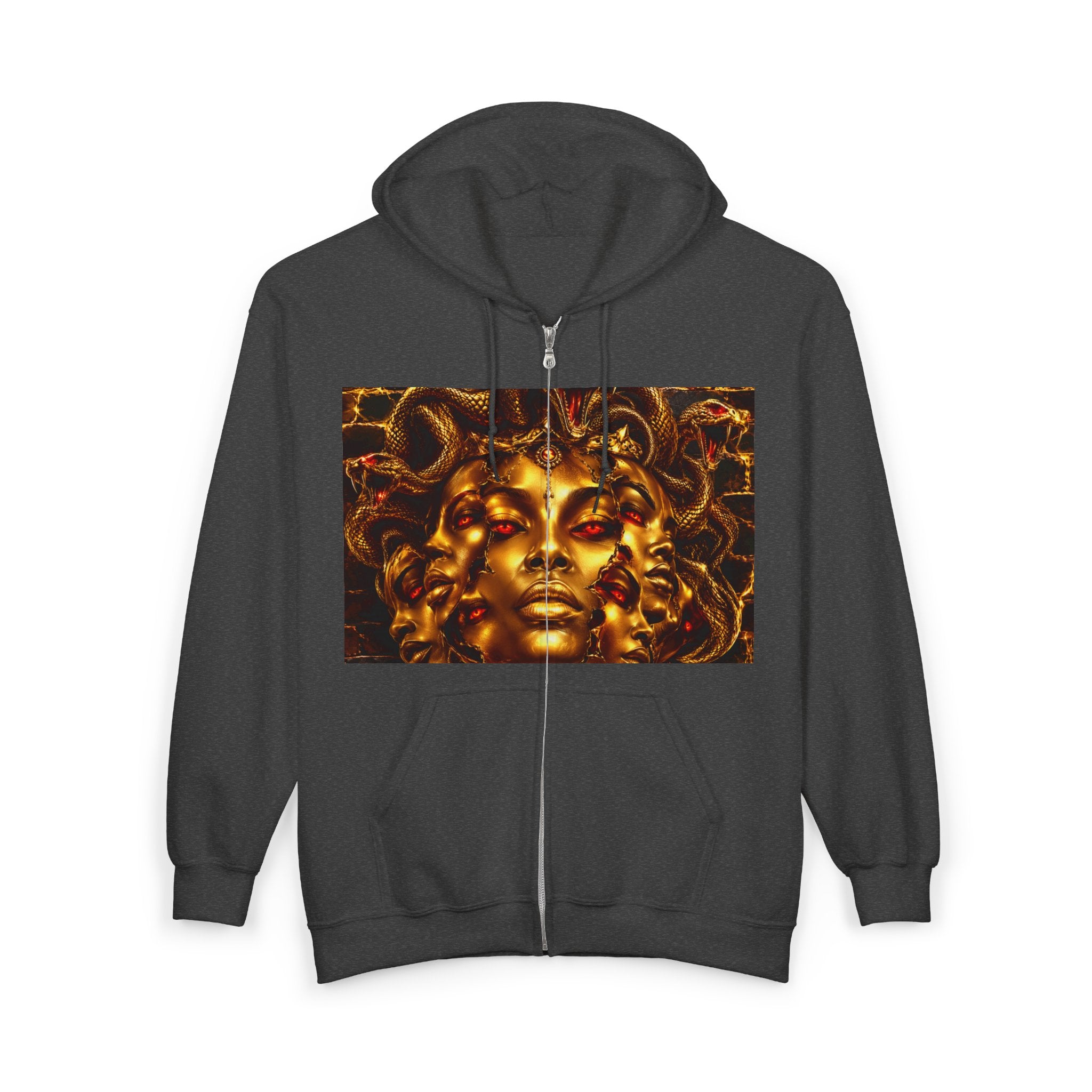 Medusa Gold Face Zip Hoodie — Mythic Snake Hair Art Zip-Up Sweatshirt