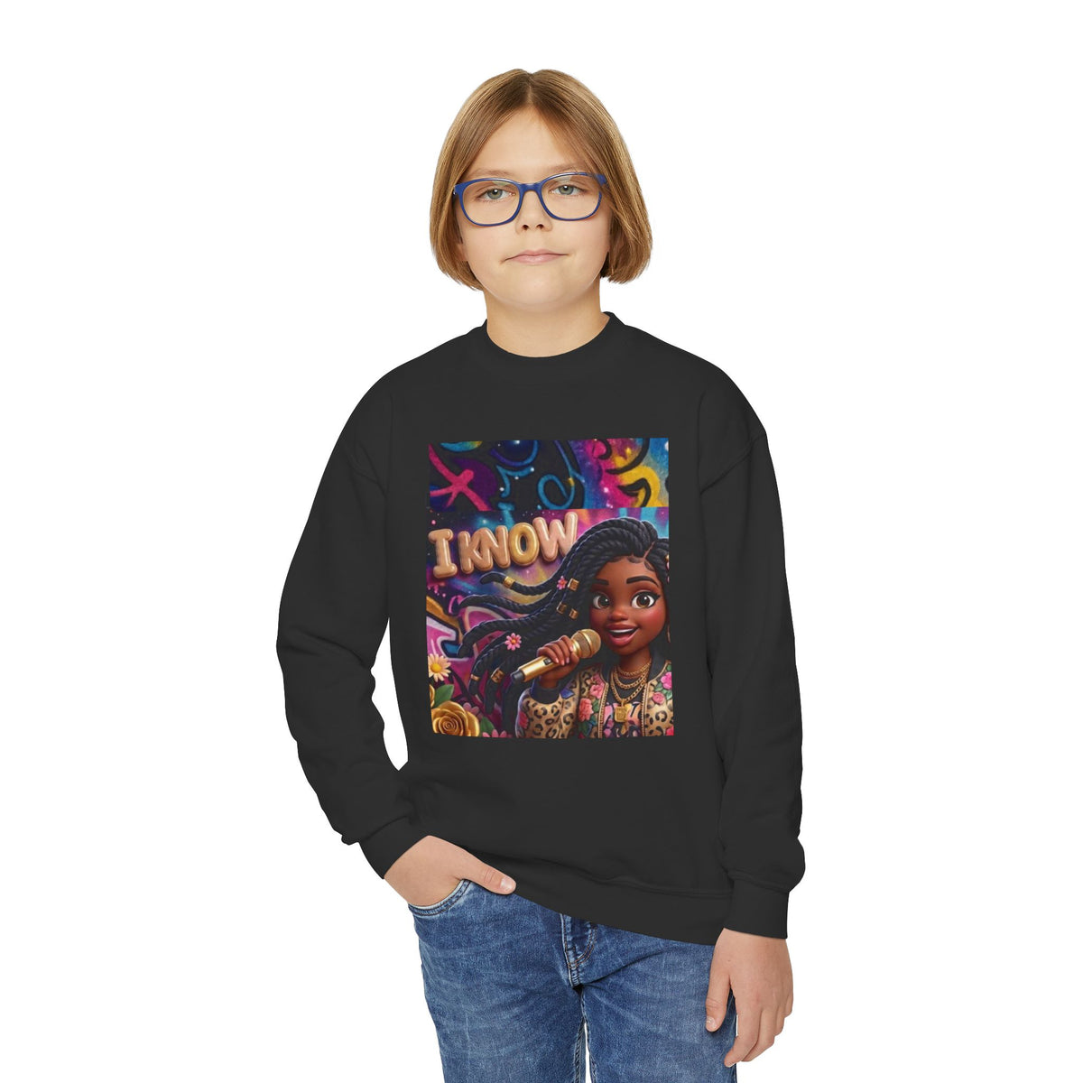 Youth Crewneck Sweatshirt – Colorful “I Know” Singer Character Design