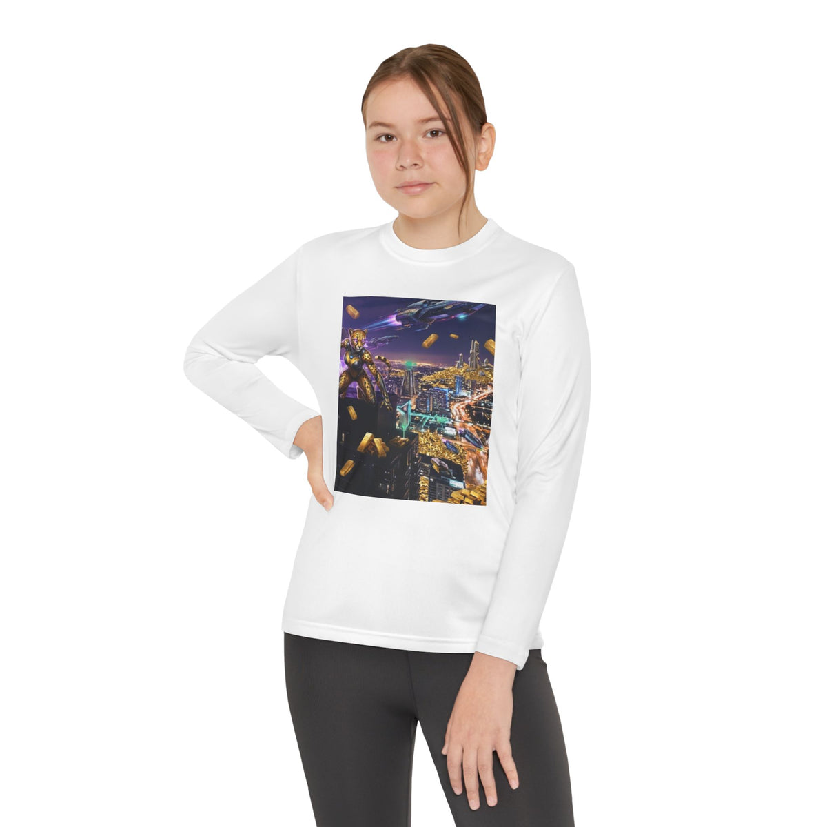 Youth Long Sleeve Tee – Colorful Night Cityscape Graphic Shirt