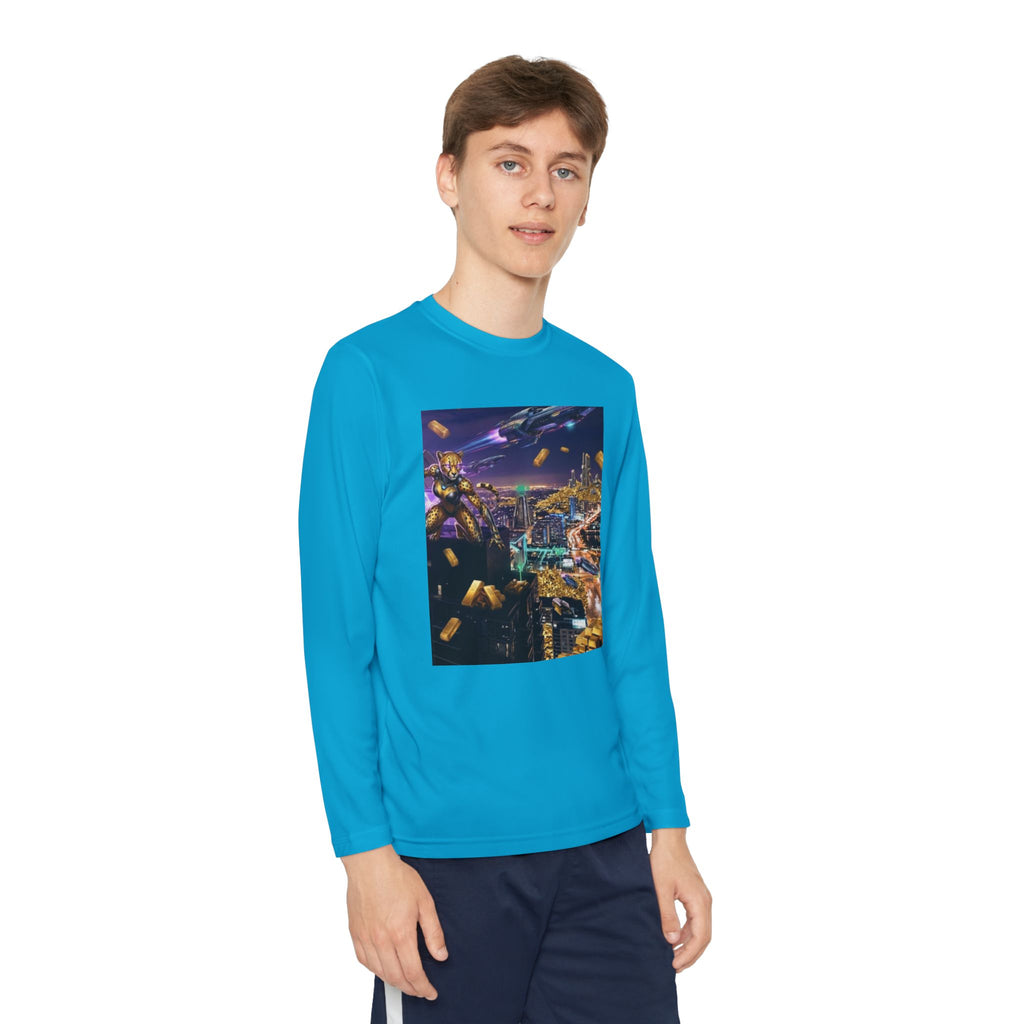 Youth Long Sleeve Tee – Colorful Night Cityscape Graphic Shirt