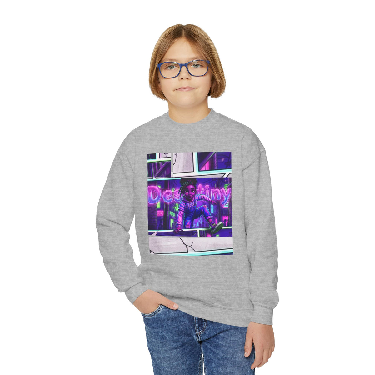 Youth “Destiny” Retro Neon Graphic Crewneck Sweatshirt