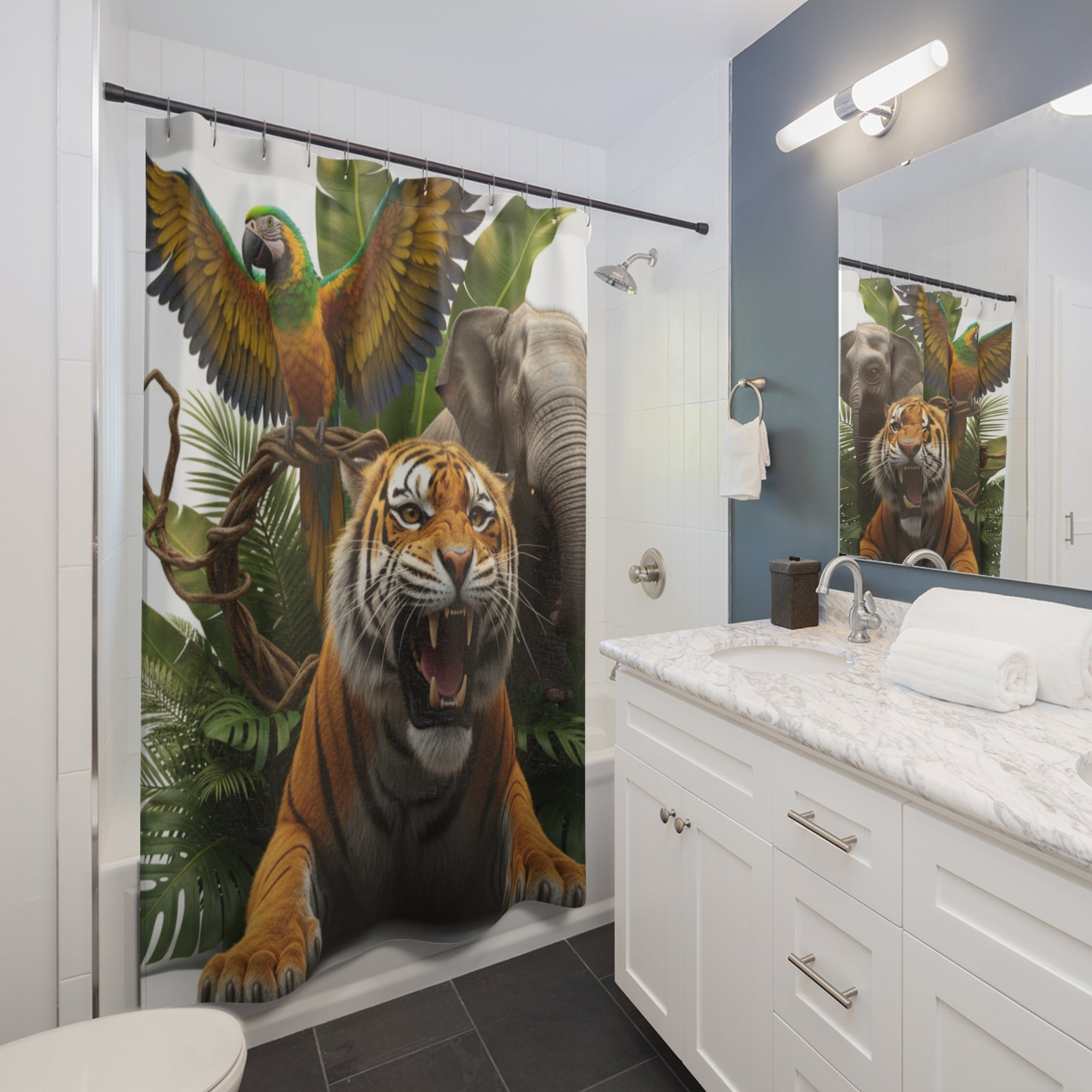 Jungle Animal Shower Curtain — Tiger, Elephant & Parrot Tropical Bathroom Decor