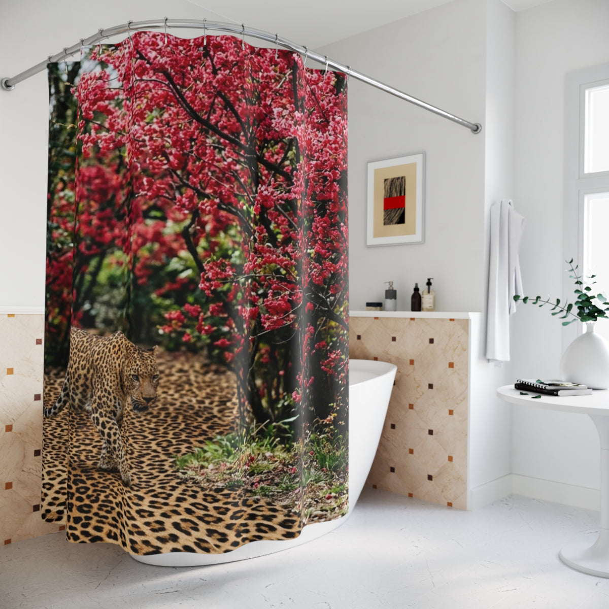 Leopard in Red Blossom Forest Shower Curtain