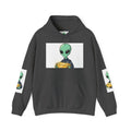 Alien Holding Gold Hoodie — "WE ARE HERE!!" Graphic Sweatshirt