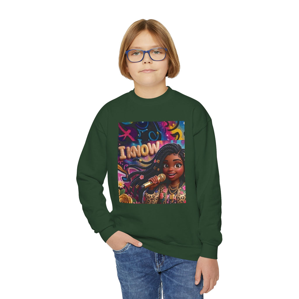 Youth Crewneck Sweatshirt – Colorful “I Know” Singer Character Design