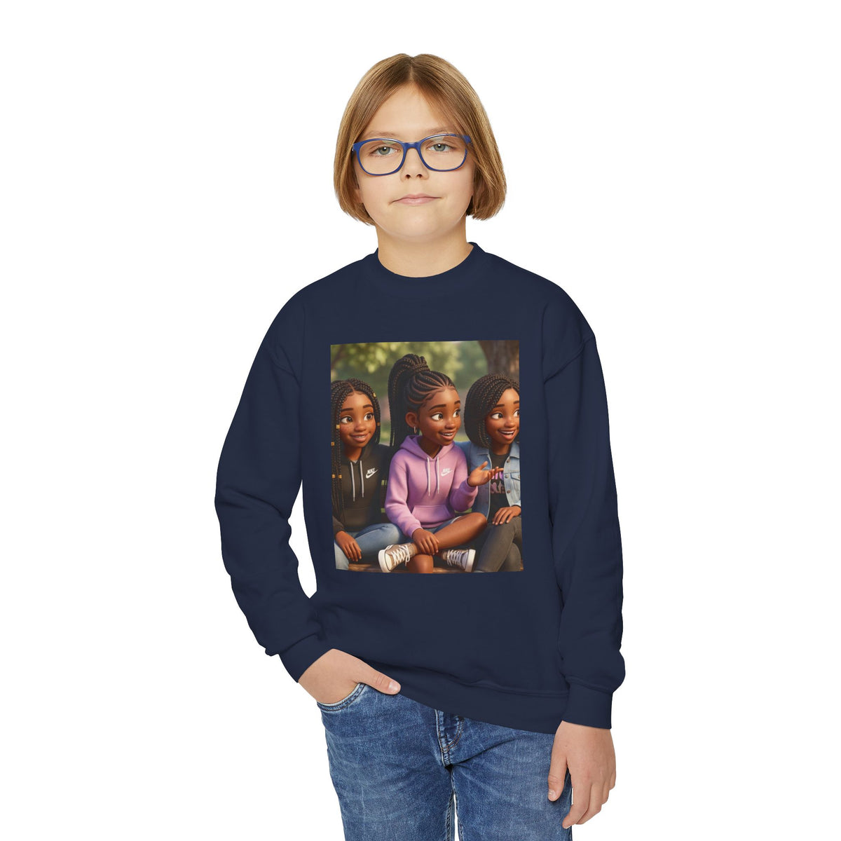 Youth Crewneck Sweatshirt Featuring Diverse Best Friends Illustration