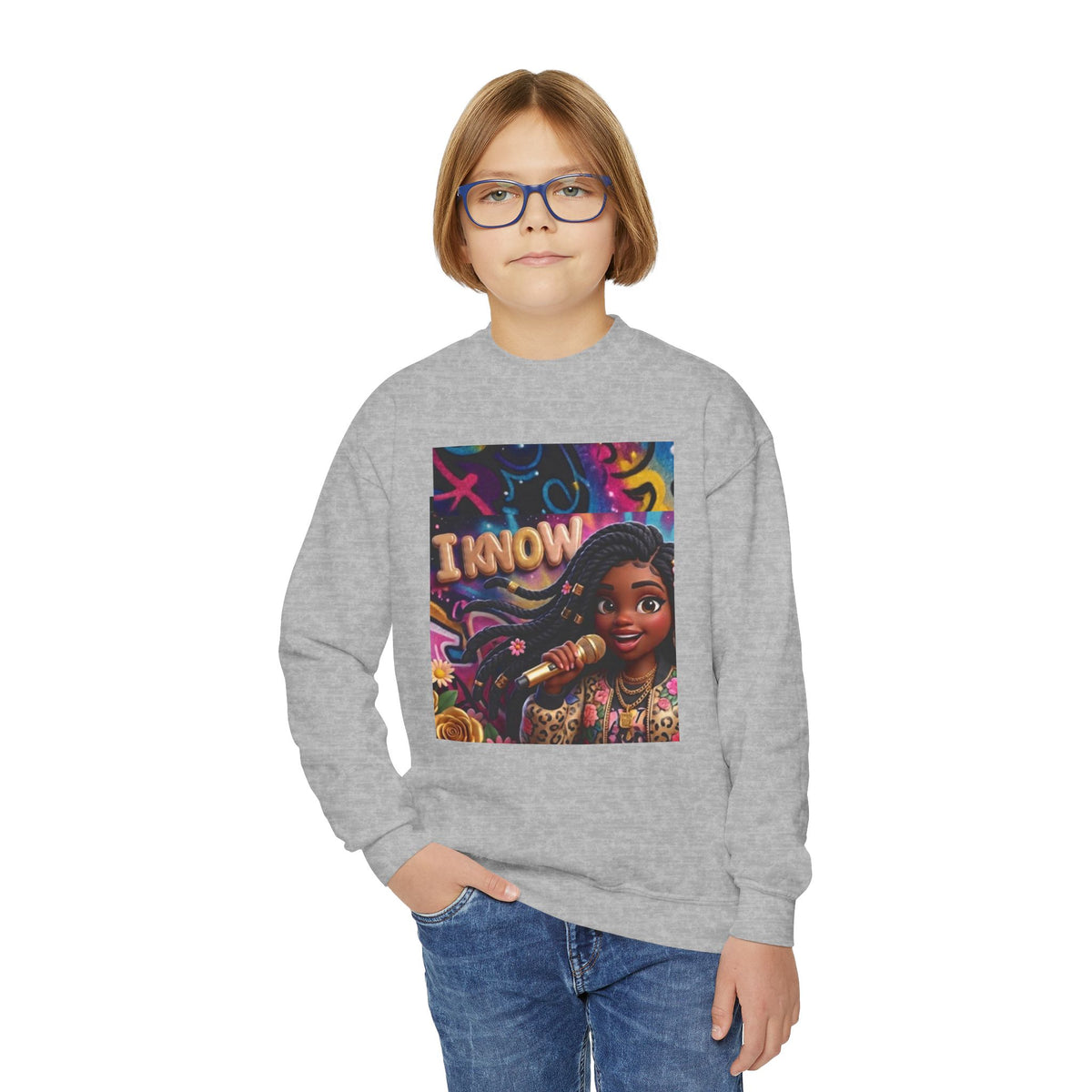 Youth Crewneck Sweatshirt – Colorful “I Know” Singer Character Design
