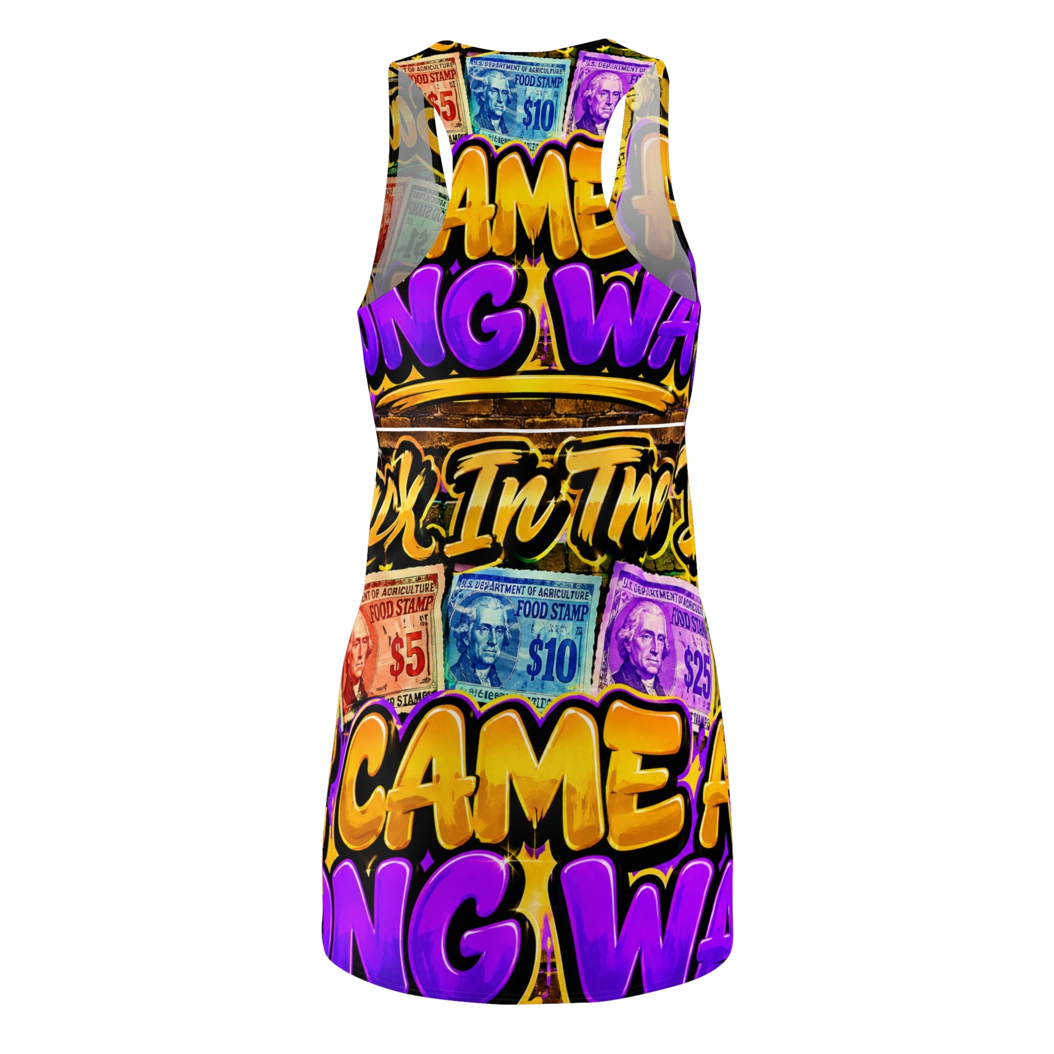 Bold Retro Money Graphic Racerback Dress — "Came a Long Way" Statement Print
