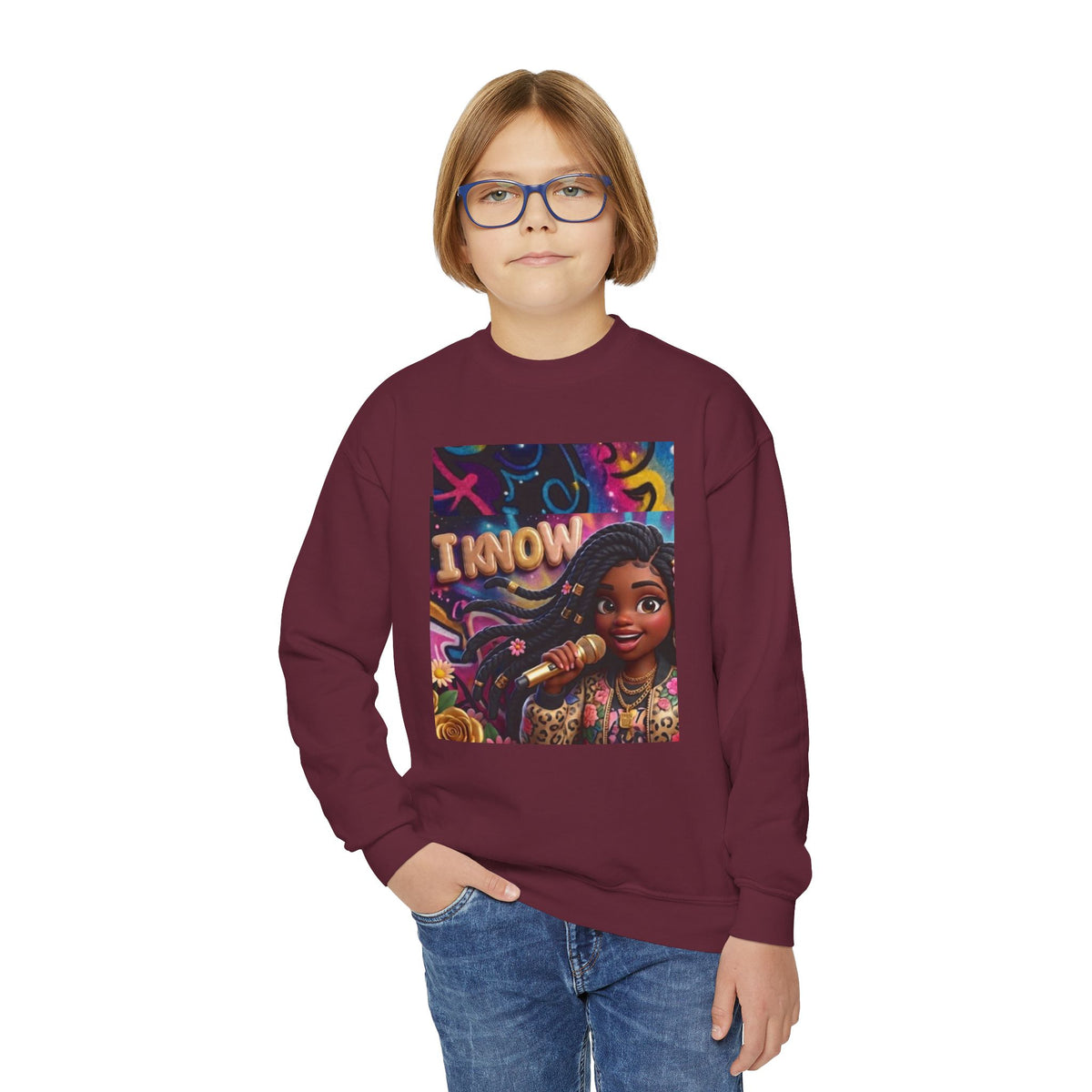 Youth Crewneck Sweatshirt – Colorful “I Know” Singer Character Design