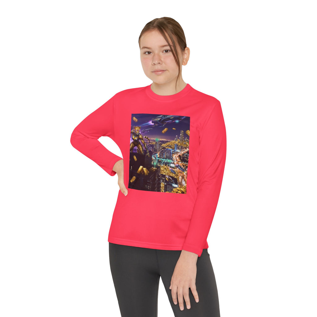 Youth Long Sleeve Tee – Colorful Night Cityscape Graphic Shirt