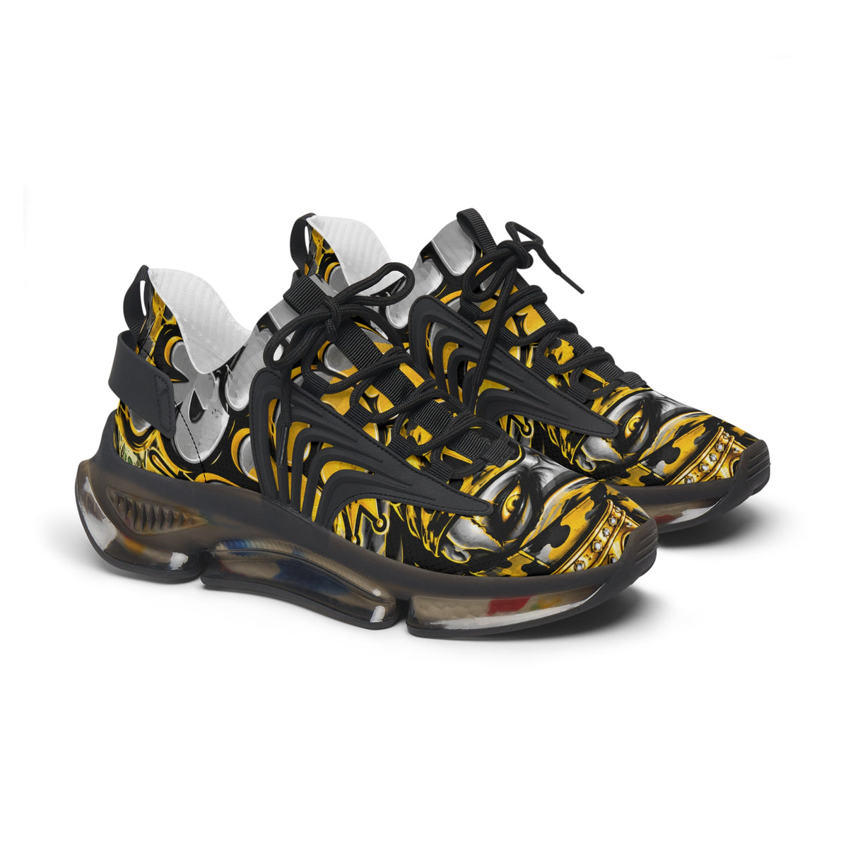 Women's Mesh Sneakers – Bold Black, Gold & White Graphic Athletic Shoes