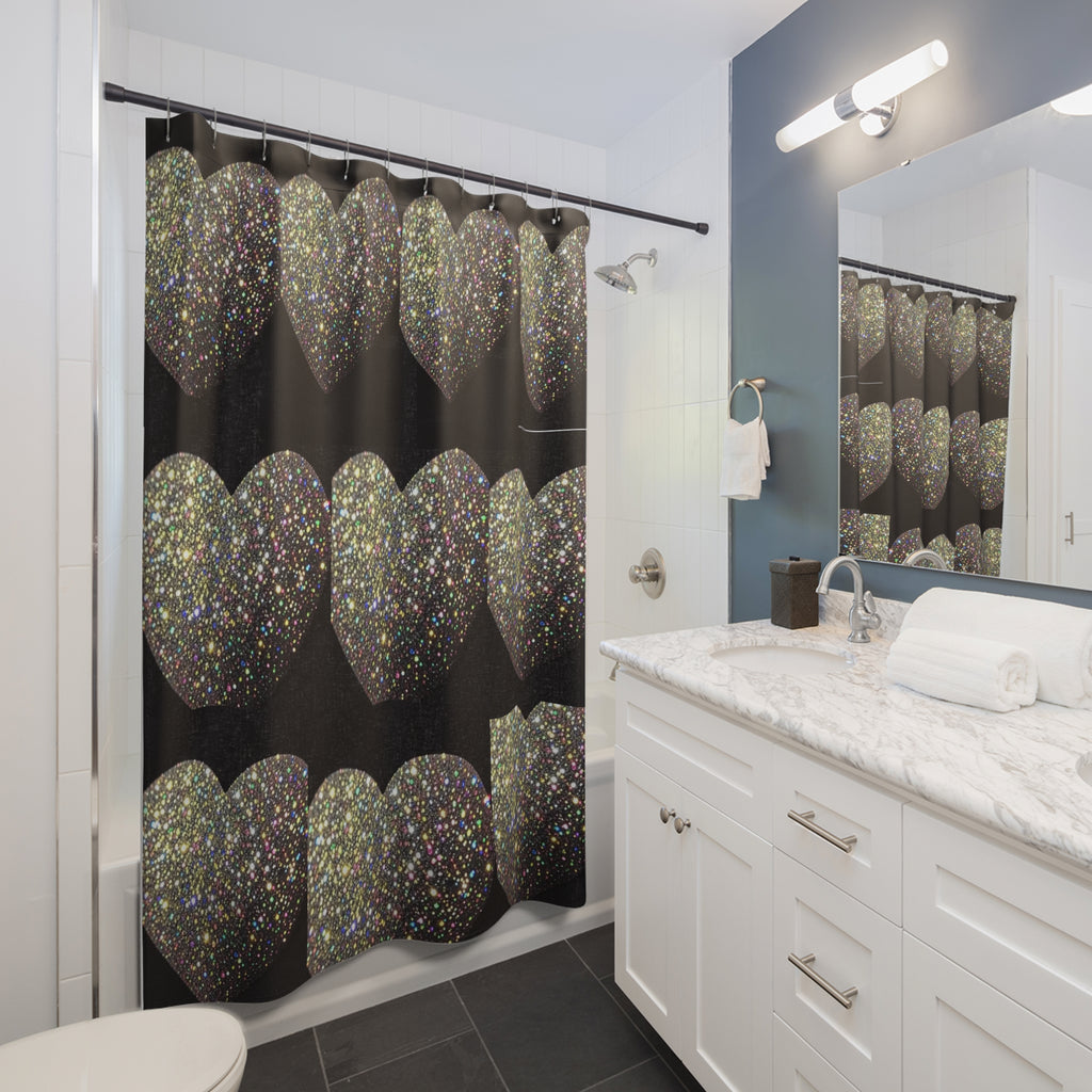Shower Curtain - Glitter Heart Pattern on Black | Sparkling Romantic Bathroom Decor
