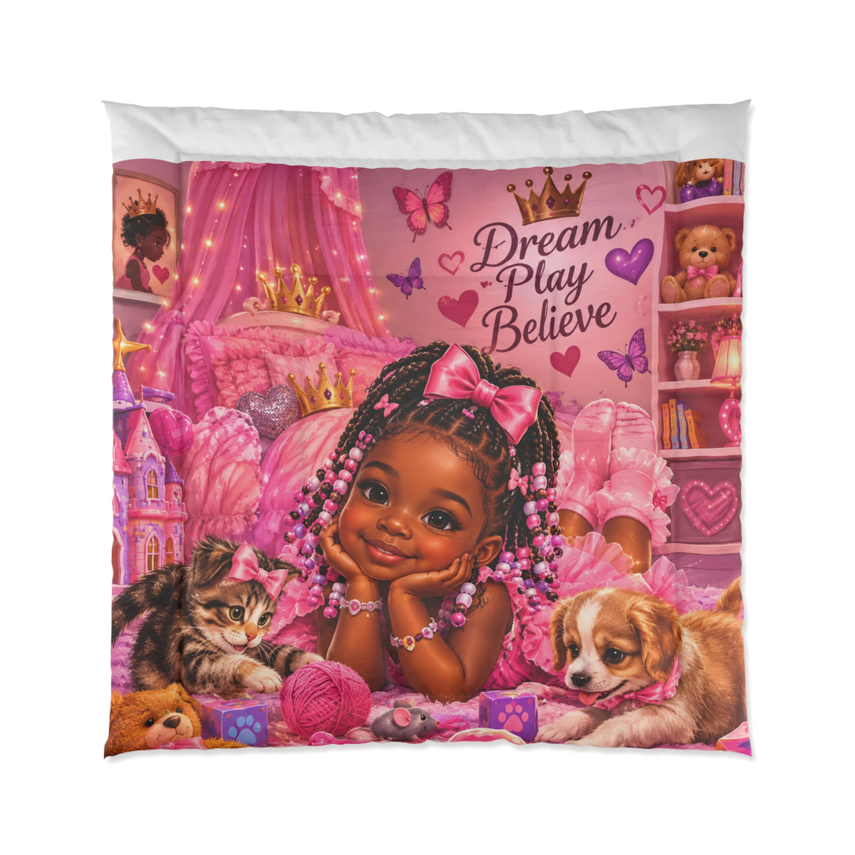 Dream Play Believe Comforter — Pink Princess Kids Bedding with Puppy & Cat