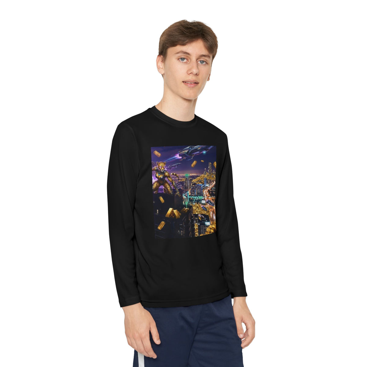Youth Long Sleeve Tee – Colorful Night Cityscape Graphic Shirt