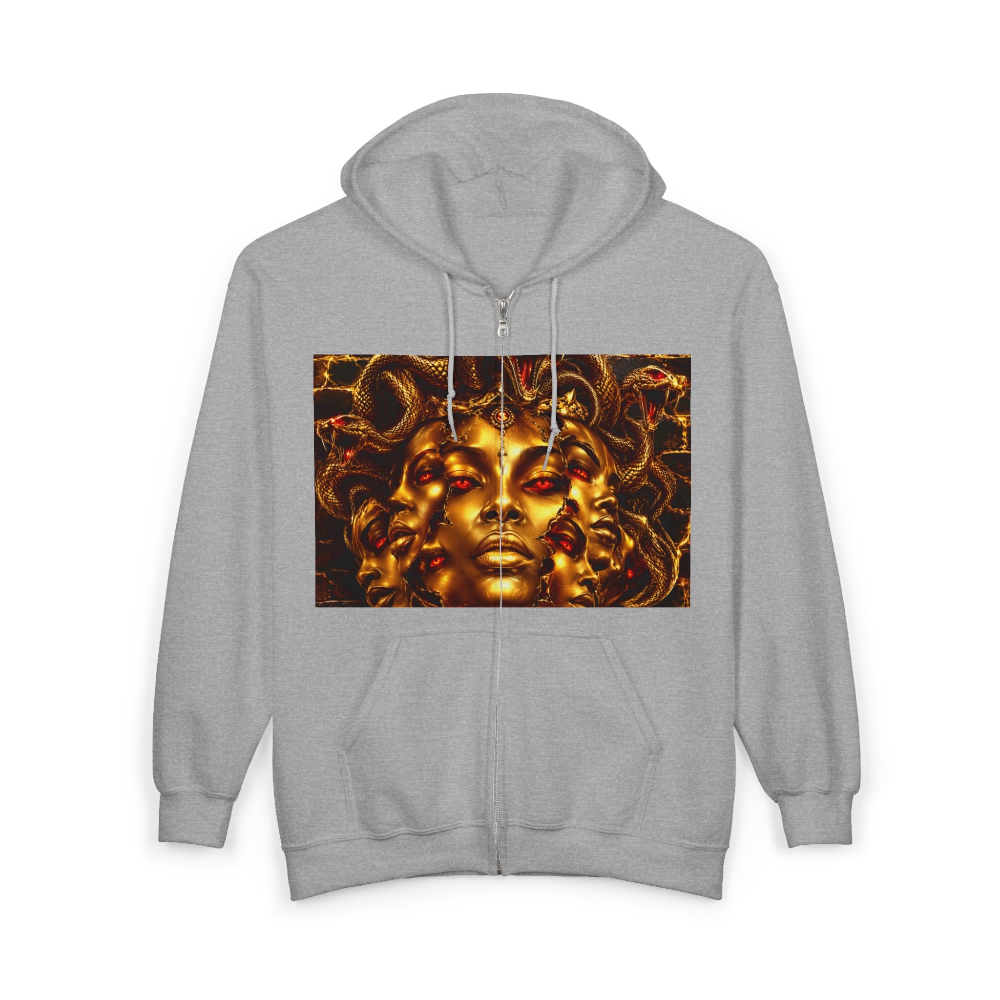 Medusa Gold Face Zip Hoodie — Mythic Snake Hair Art Zip-Up Sweatshirt