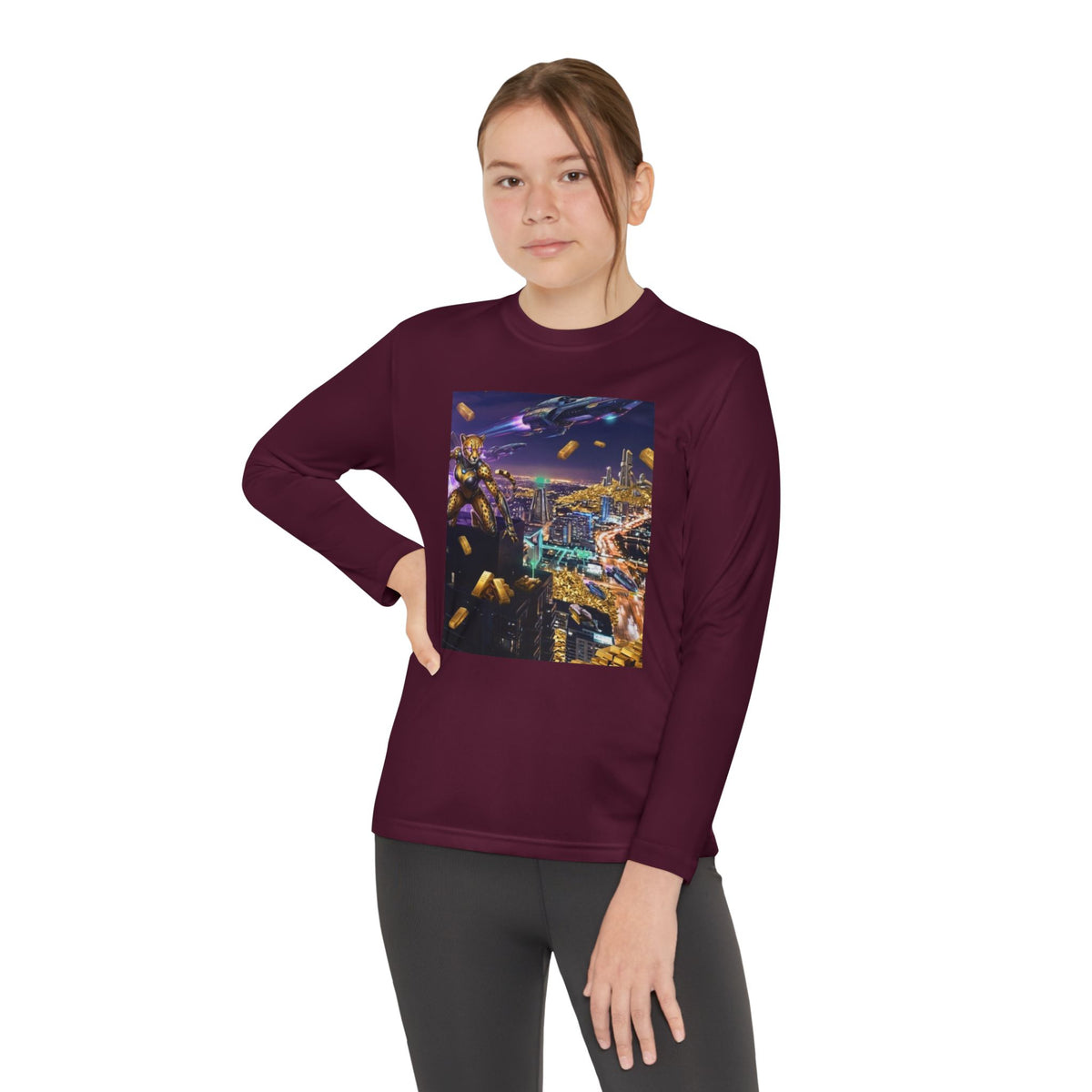 Youth Long Sleeve Tee – Colorful Night Cityscape Graphic Shirt
