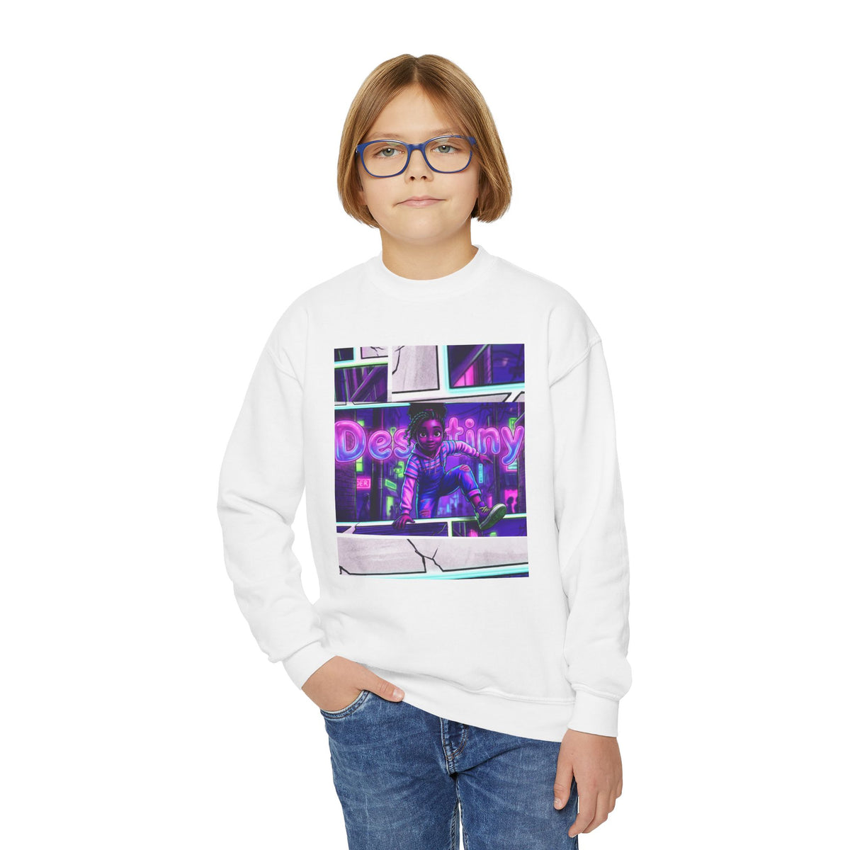 Youth “Destiny” Retro Neon Graphic Crewneck Sweatshirt