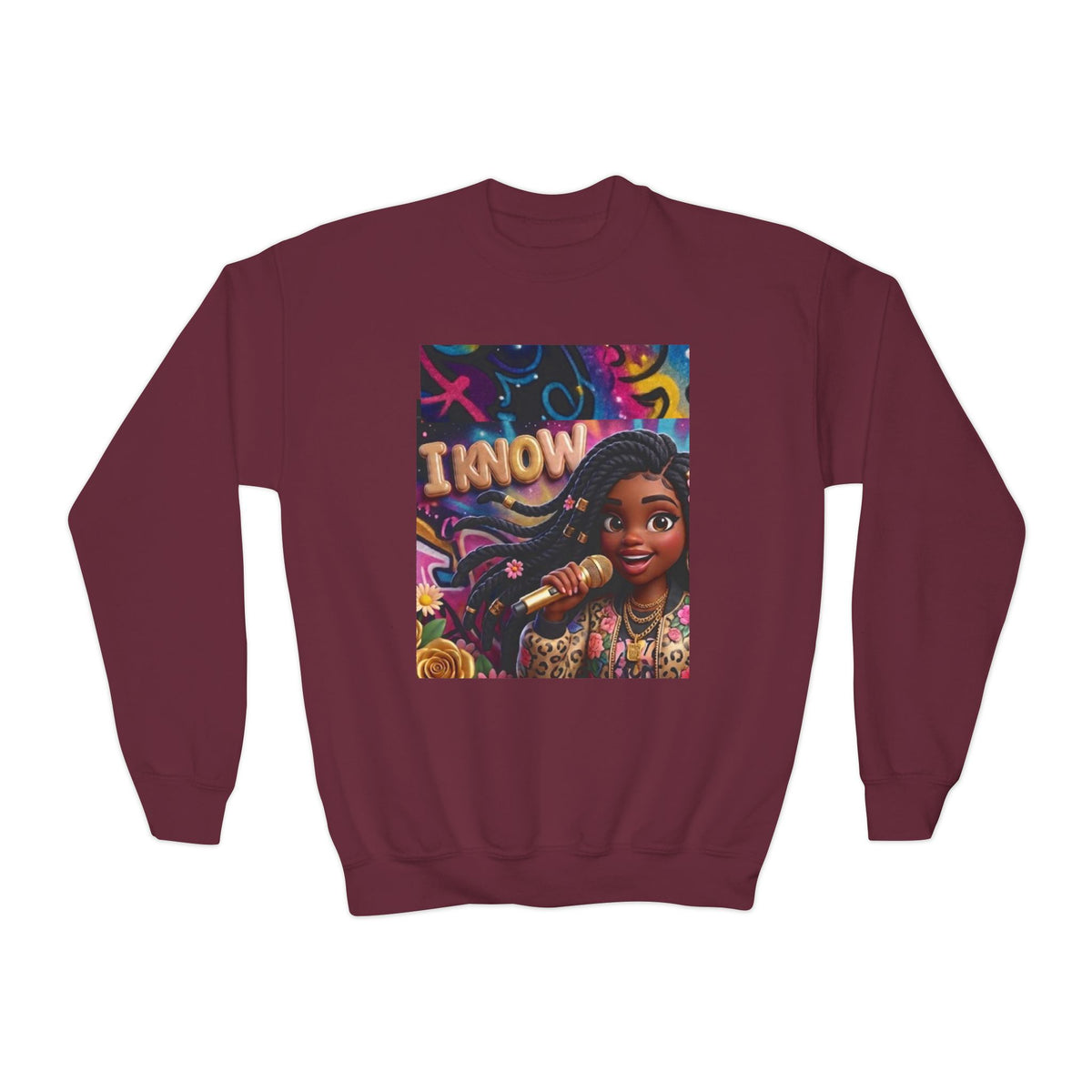 Youth Crewneck Sweatshirt – Colorful “I Know” Singer Character Design