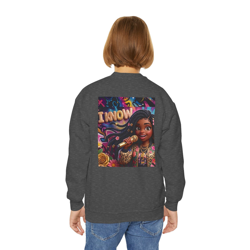Youth Crewneck Sweatshirt – Colorful “I Know” Singer Character Design