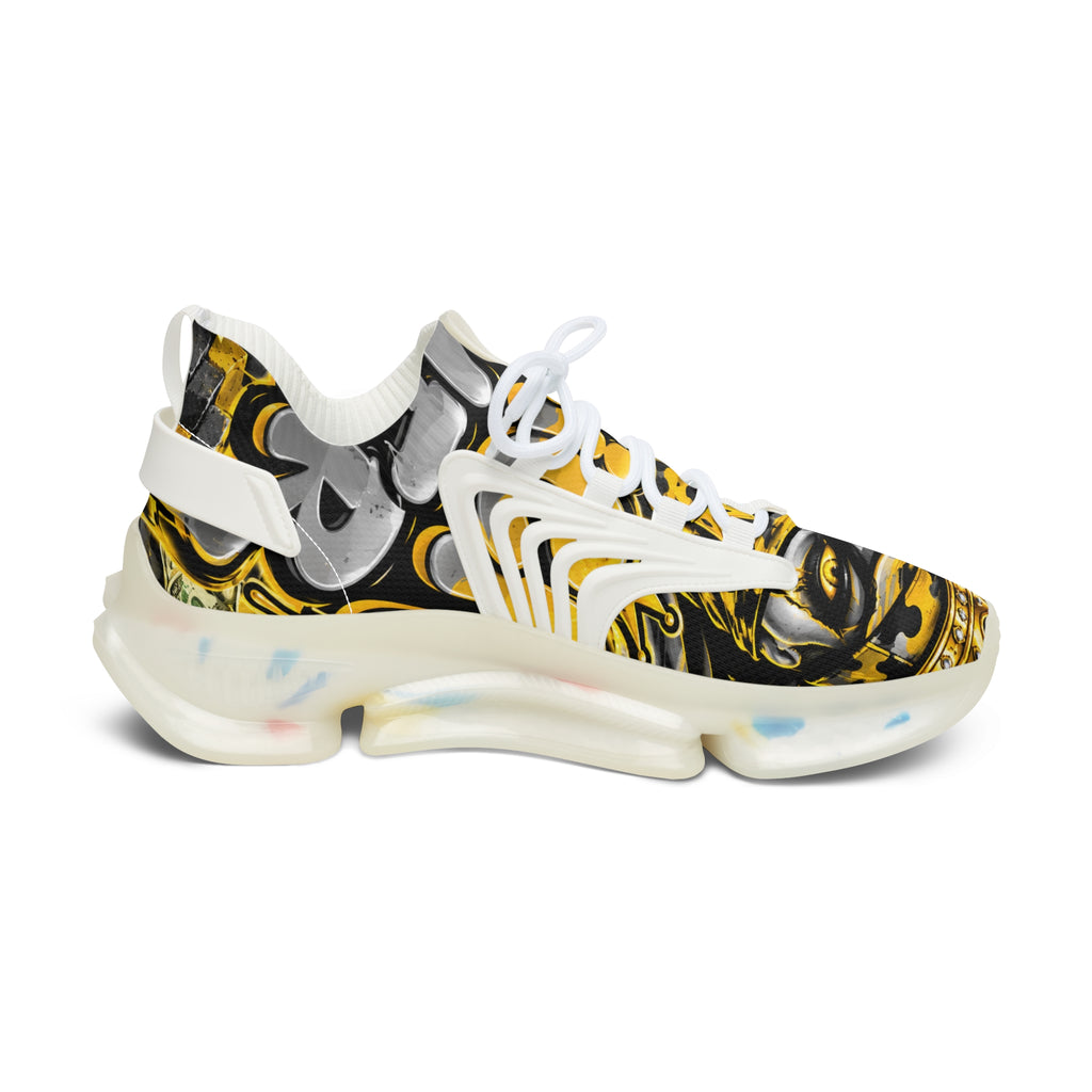 Women's Mesh Sneakers – Bold Black, Gold & White Graphic Athletic Shoes