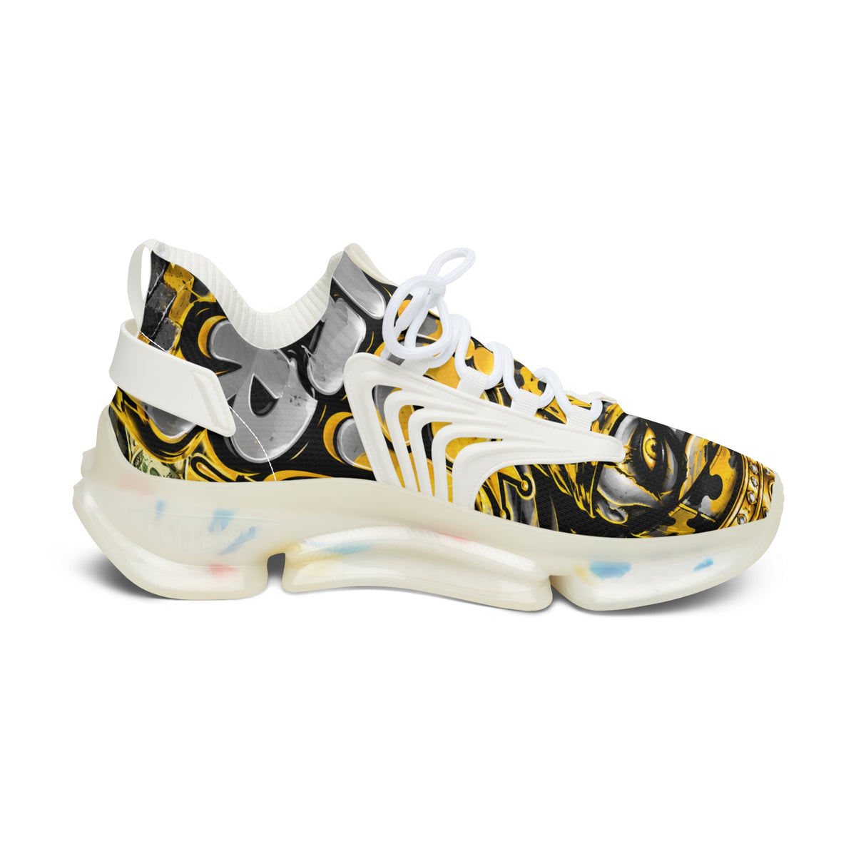 Women's Mesh Sneakers – Bold Black, Gold & White Graphic Athletic Shoes