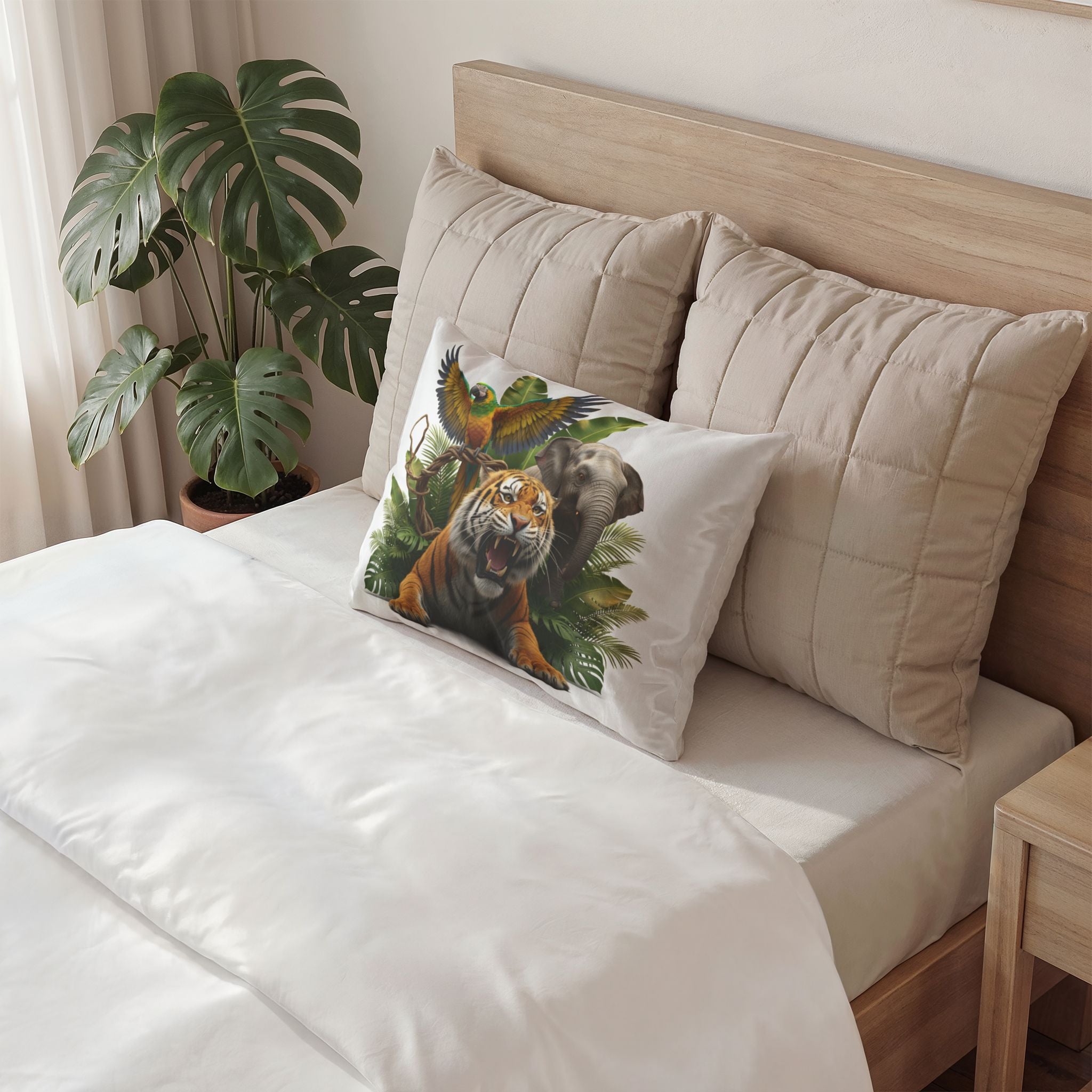 Jungle Wildlife Cotton Pillow Sham — Tiger, Elephant & Parrot Decorative Pillowcase
