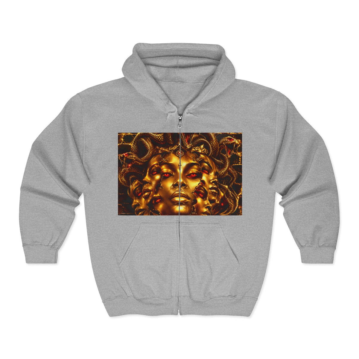 Medusa Gold Face Zip Hoodie — Mythic Snake Hair Art Zip-Up Sweatshirt