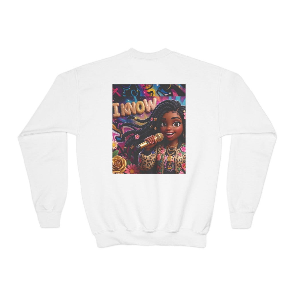 Youth Crewneck Sweatshirt – Colorful “I Know” Singer Character Design