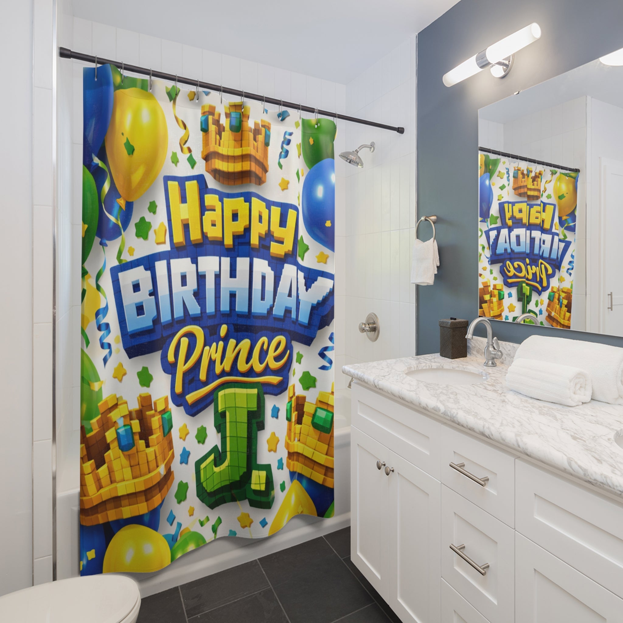 Happy Birthday Prince J Shower Curtain — Kids Party Bathroom Decor