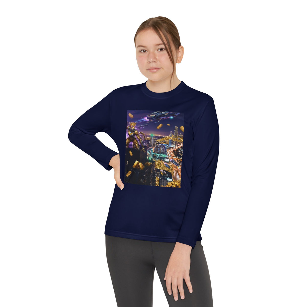 Youth Long Sleeve Tee – Colorful Night Cityscape Graphic Shirt