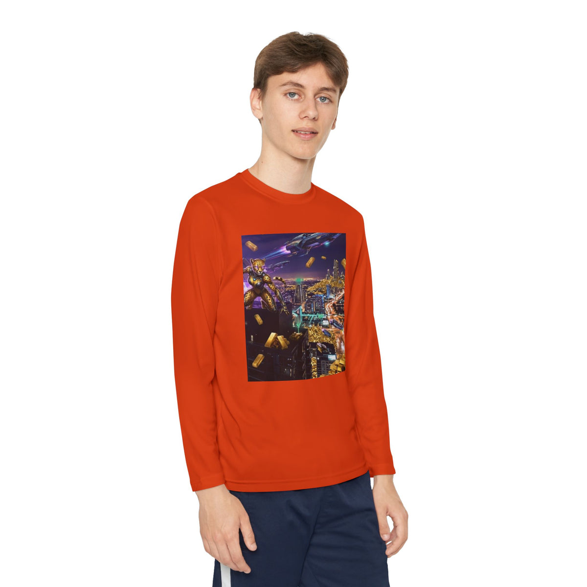 Youth Long Sleeve Tee – Colorful Night Cityscape Graphic Shirt