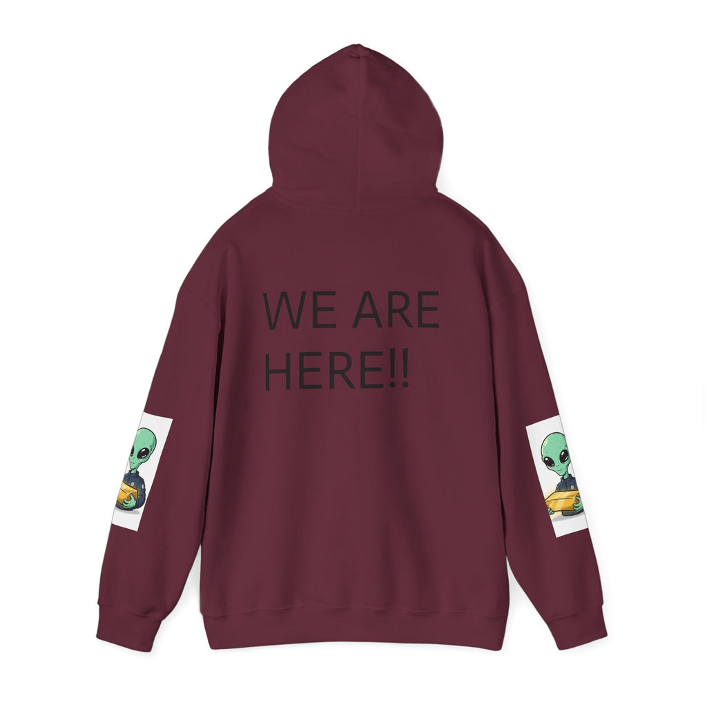 Alien Holding Gold Hoodie — "WE ARE HERE!!" Graphic Sweatshirt