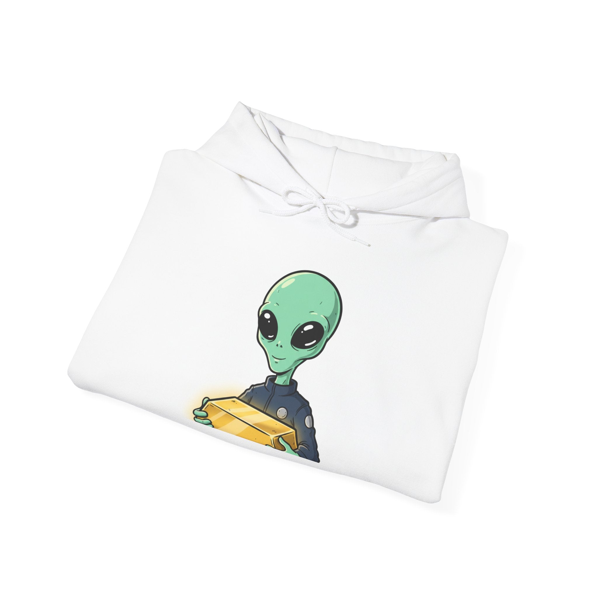 Alien Holding Gold Hoodie — "WE ARE HERE!!" Graphic Sweatshirt