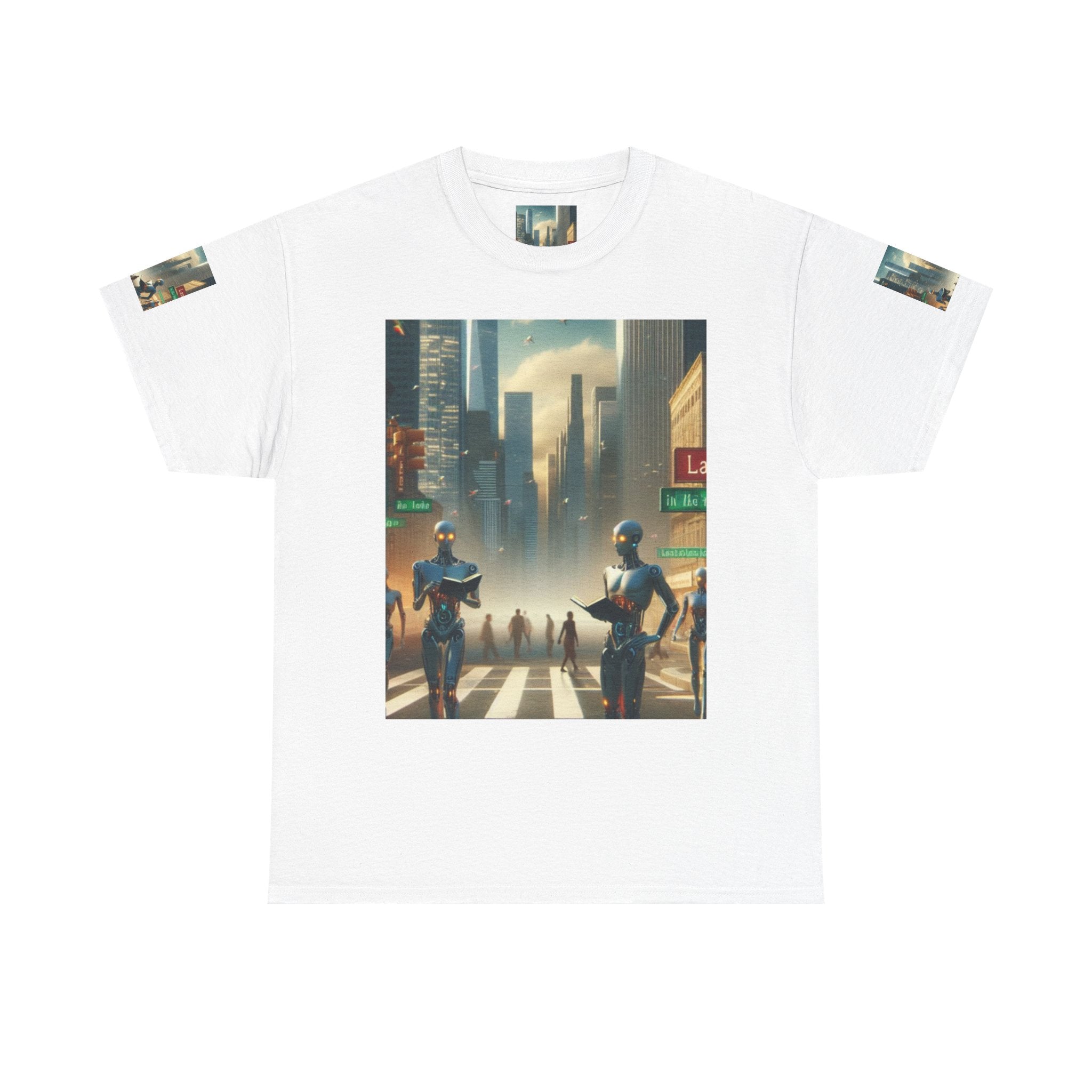 Cybercity Robots T‑Shirt — Futuristic Android Street Scene Tee