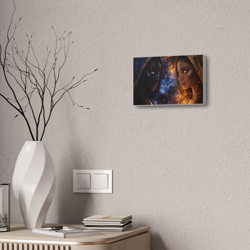 Duality Portrait Canvas Print — Sun & Moon Cosmic Women Stretched Wall Art