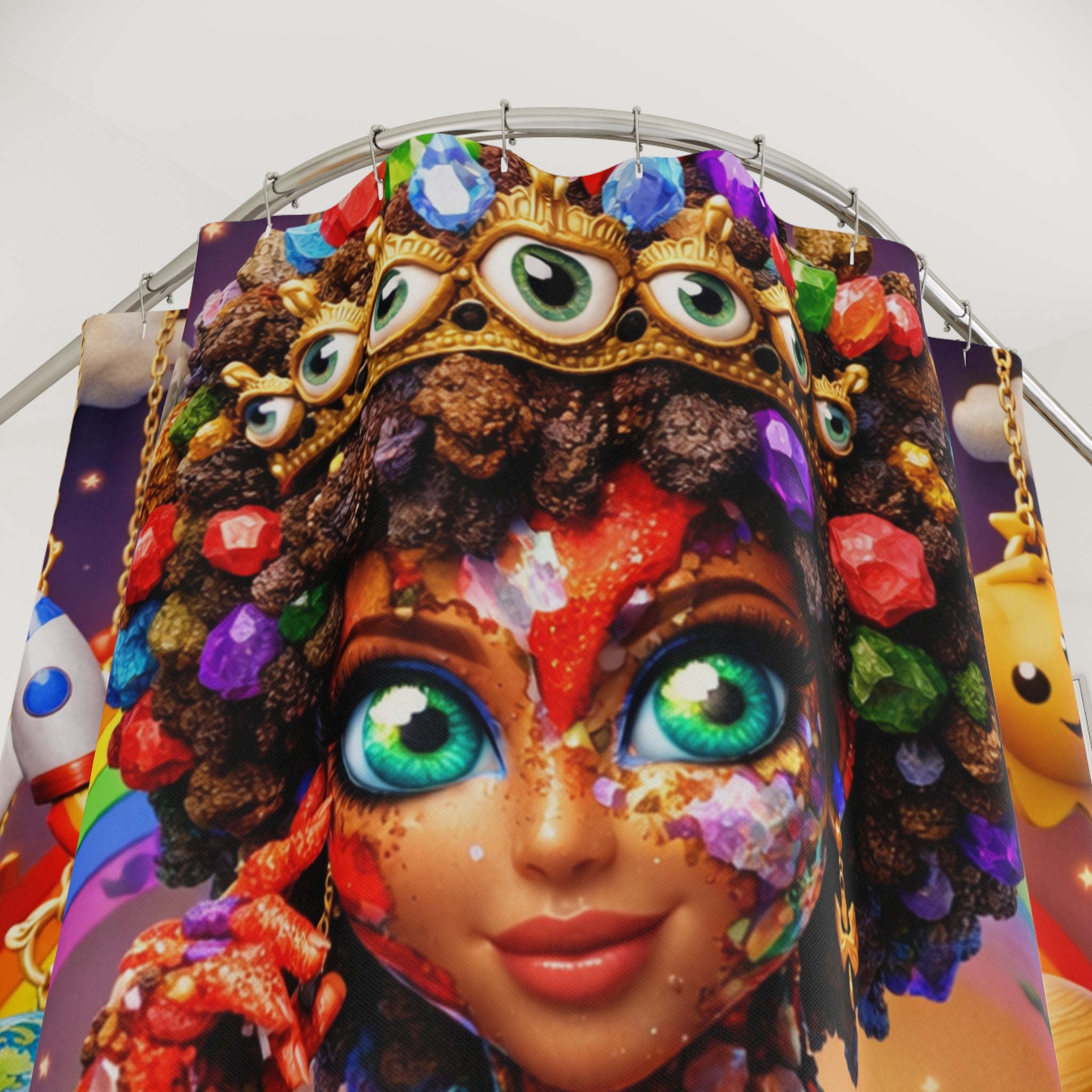 Cosmic Candy Goddess Shower Curtain — Colorful Fantasy Bathroom Decor
