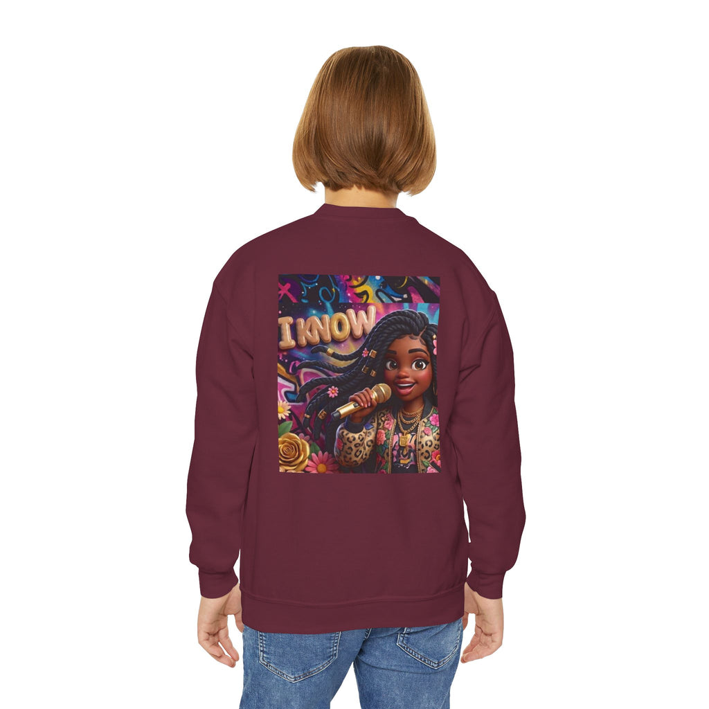 Youth Crewneck Sweatshirt – Colorful “I Know” Singer Character Design